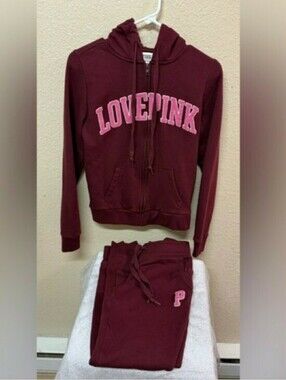 PINK Victoria's Secret Maroon Zip Hoodie & Joggers Set with Pink Logo